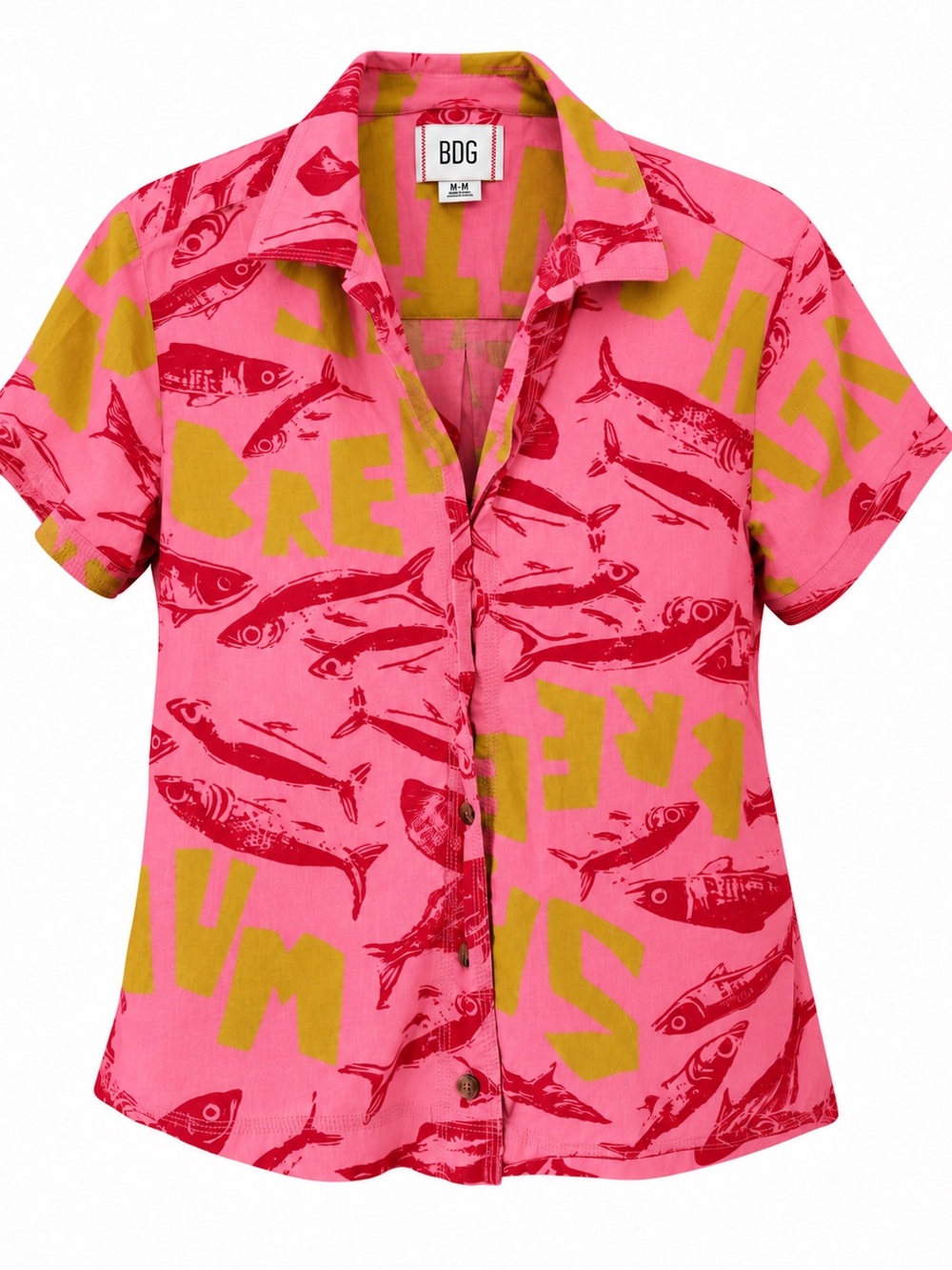 BDG Asher Fish Printed Souvenir Cotton Button Down Shirt Pink M